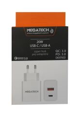 Megatech 20w Beyaz USB-C USB-A  Şarj Kafa QC:3.0-PD:3.0